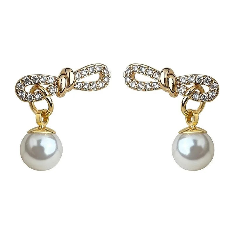 Fashion Geometric Rope Knot Pearl Stud Earrings Eco-Friendly Copper Micro Pave Zircon Silver Plated Jewelry