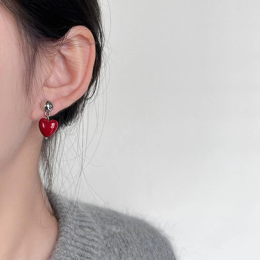 Elegant Burgundy Heart Drop Earrings, Handmade Resin Lacquer Copper
