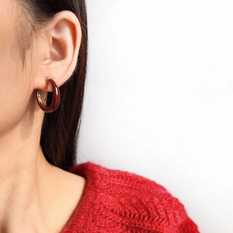 Vintage Dark Red Enamel C Hoop Alloy Stud & Clip On No Piercing Spiral Disc Women's Earrings