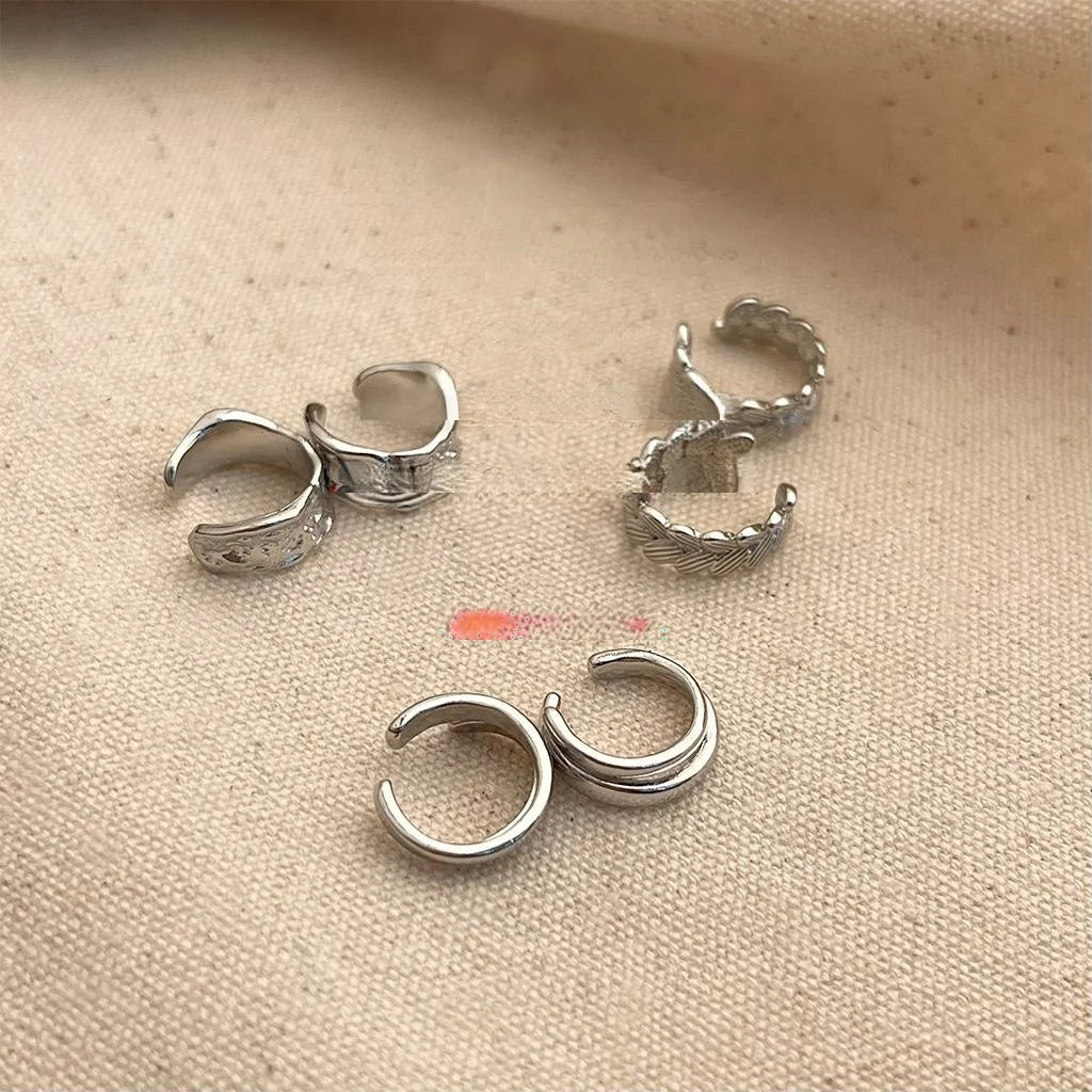 Silver Tone Copper Geometric Hoop Ear Cuff Clip On Drop Earrings For Women