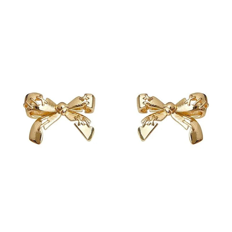 14K Plated Eco-Friendly Copper Bow Stud Earrings With Stitched Crack Design Style