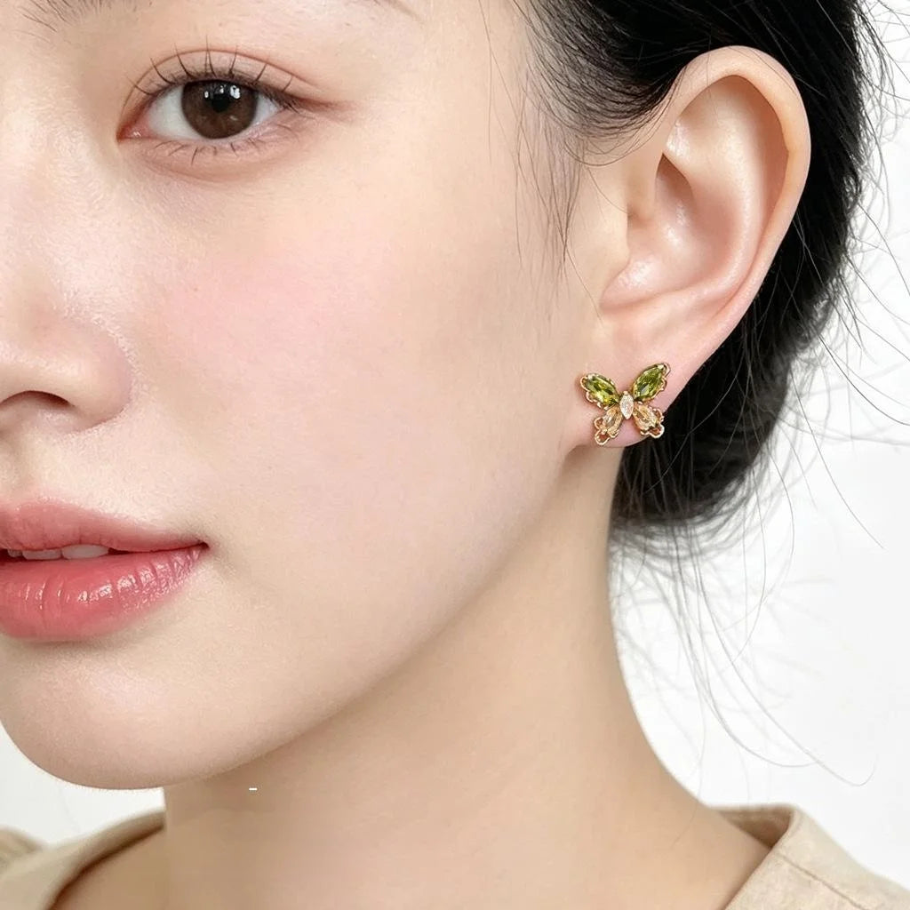 Light Luxury Forest Style Olive Green Zircon Butterfly Copper Stud Earrings for Women