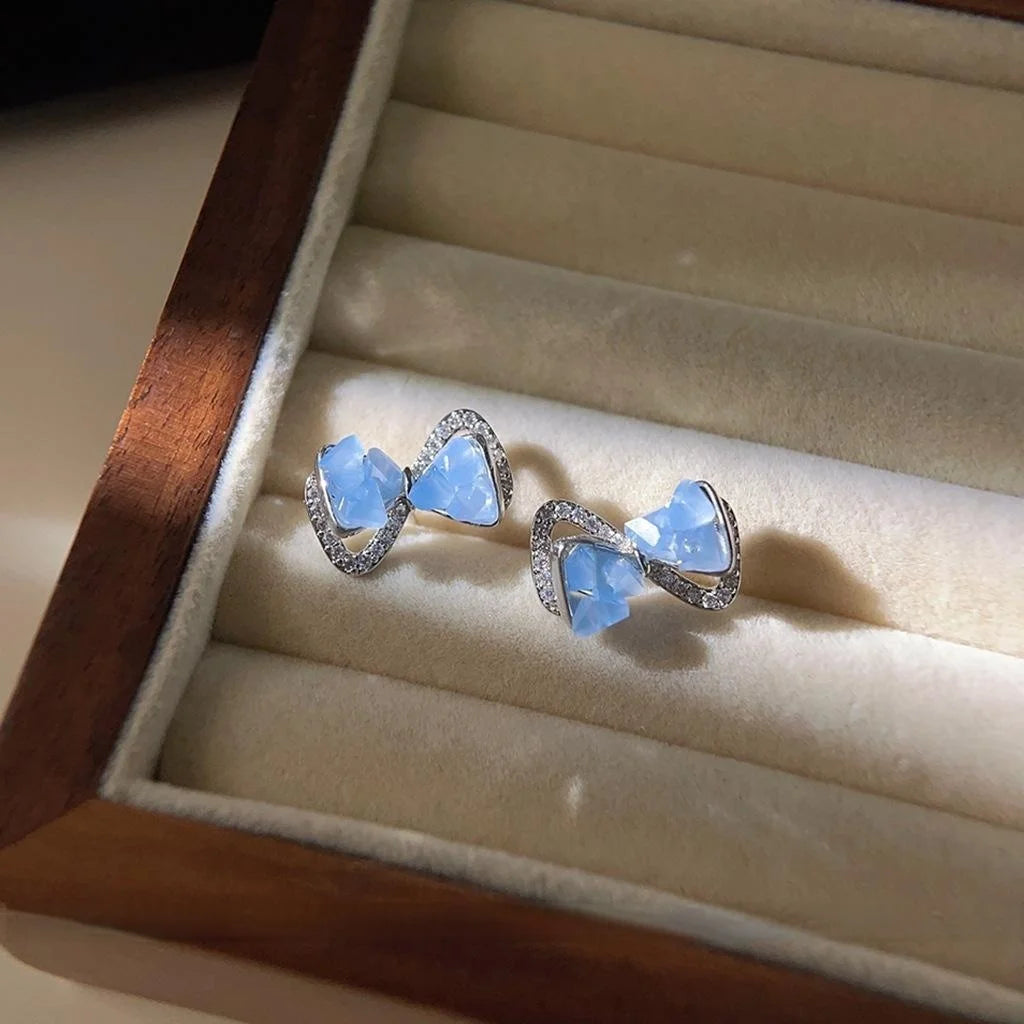 Blue Bow Stud Earrings With Micro Pave Zircon, Glass Crystal Chips, Sweet Fresh Commuter Style