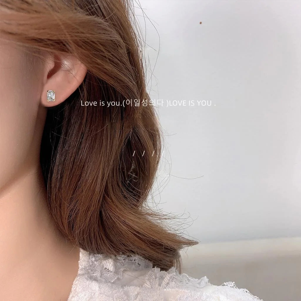 Minimalist Copper Geometric Square Zircon Stud Earrings, Ice Cube Texture Fashion Jewelry