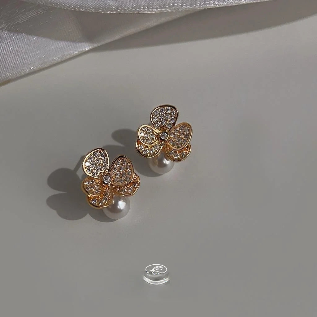 Light Luxury Copper Pearl Leaf Flower Drop Earrings With Micro Pave Zircon Silver Plated Pins