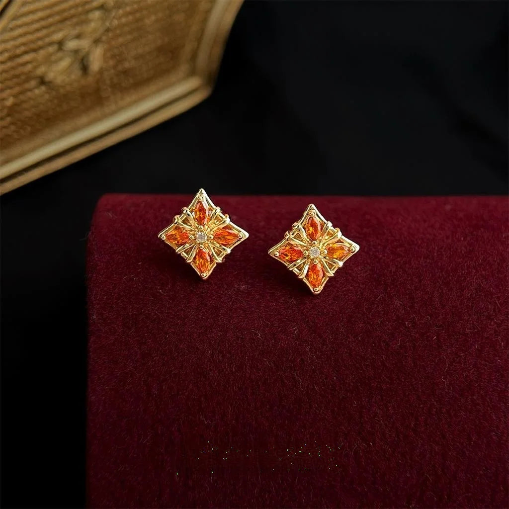 Premium Orange Red Micro Pave Zircon Flower Petal Copper Stud Earrings