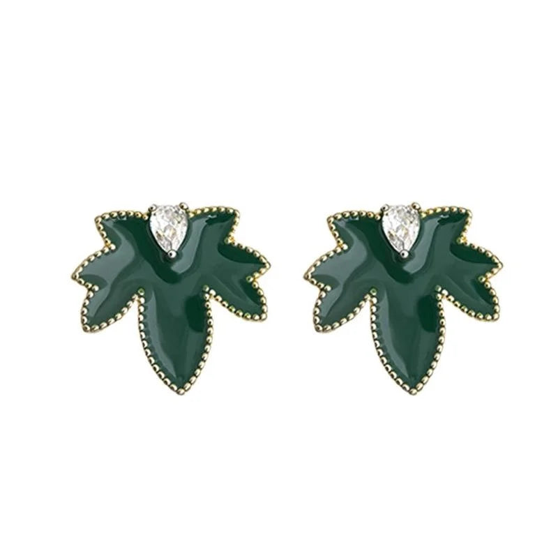 Original Green Enamel Maple Leaf Drop Earrings Copper Zircon Micro Pave Fresh Commute Jewelry