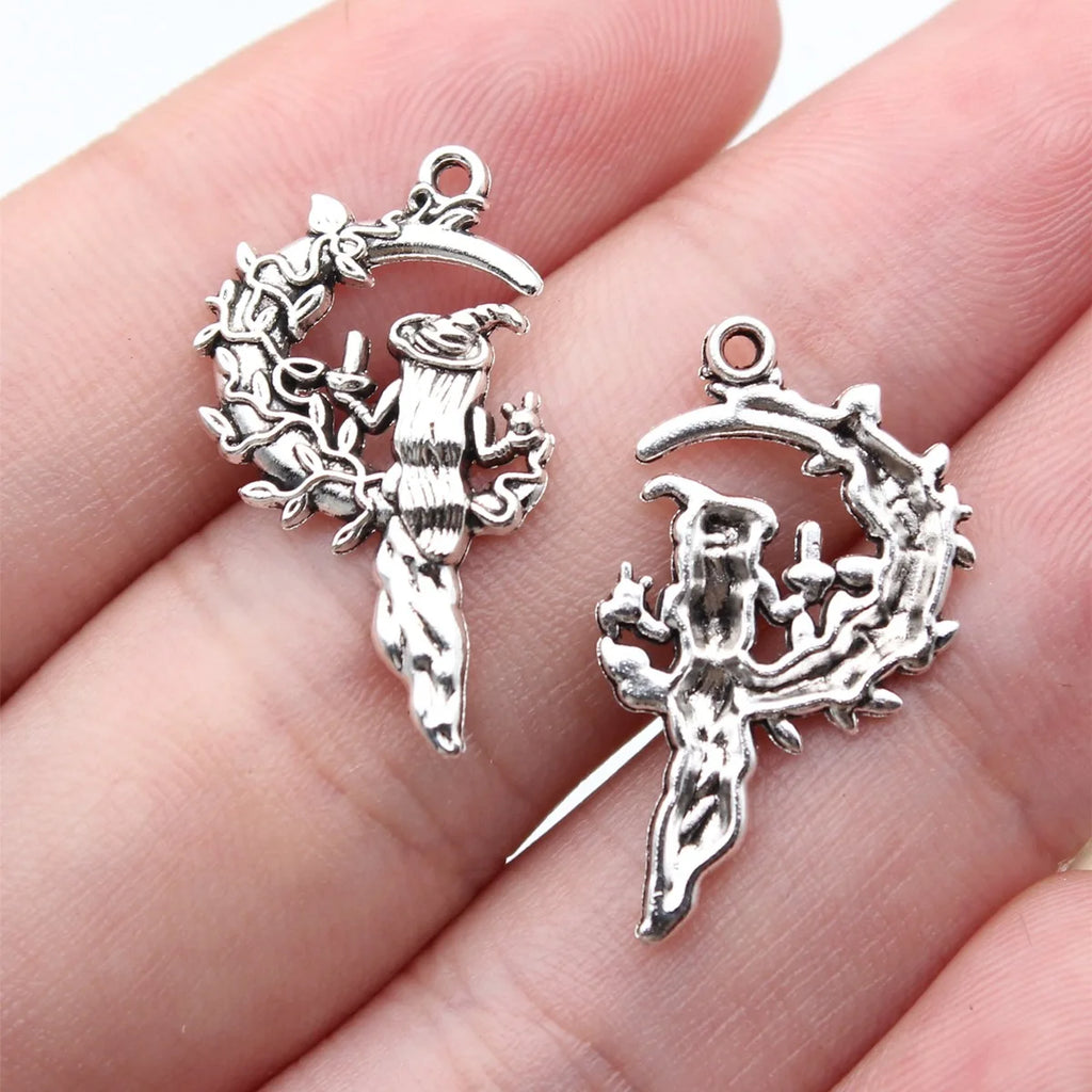 25x14mm 1.05g Antique Silver Zinc Alloy Moon Witch Charm Pendant for DIY Vintage Necklace Jewelry