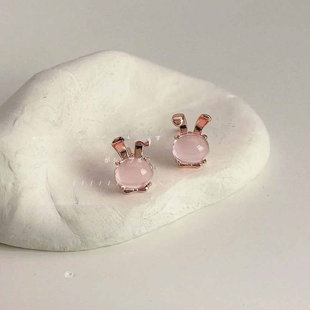 Cute Rabbit Stud Earrings Rose Gold Plated Copper Animal Style