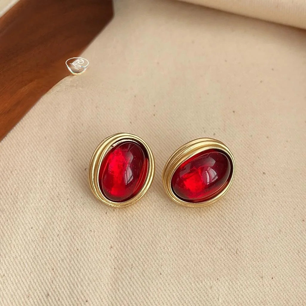 French Vintage Burgundy Oval Copper Stud Earrings 14K Gold Plated Matte Geometric Hong Kong Style