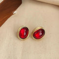 French Vintage Burgundy Oval Copper Stud Earrings 14K Gold Plated Matte Geometric Hong Kong Style