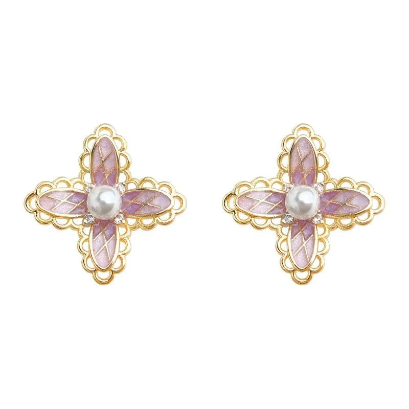 Lolita Pink Lace Flower Stud Earrings Copper Pearl Zircon Micro Pave Silver Plated Girly Jewelry