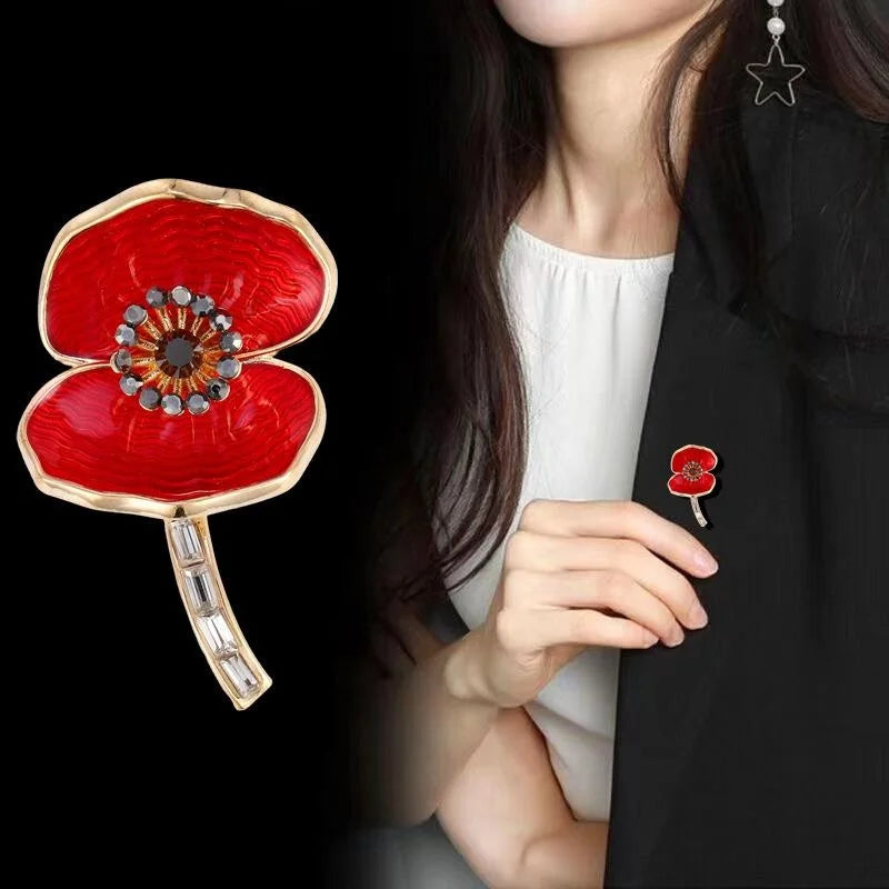 Elegant Red Enamel Poppy Flower Brooch With Rhinestone Center, Women's Alloy Lapel Pin Suit Corsage Gift