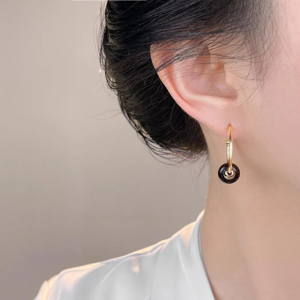 Vintage Tiger Eye Stone Copper Hoop Earrings Geometric Round Line Design