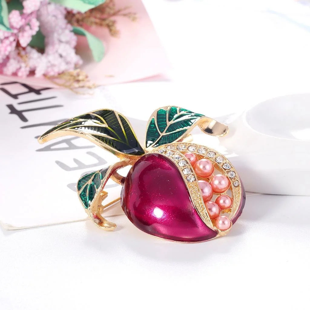 Elegant Enamel Pomegranate Brooch With Rhinestone Pearl Detail, Alloy Plant Lapel Pin Corsage Gift