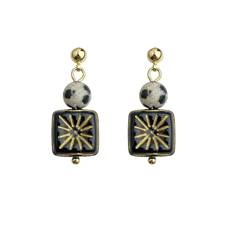 Vintage Czech Glass Geometric Square Round Handmade Drop Earrings for Women