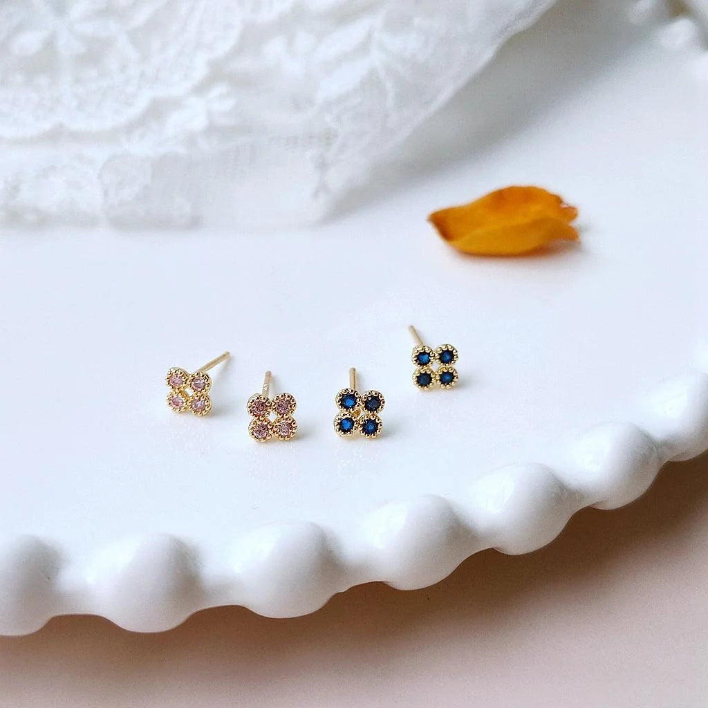 Minimalist Geometric Zircon Stud Earrings, Micro Pave Square Flower Design