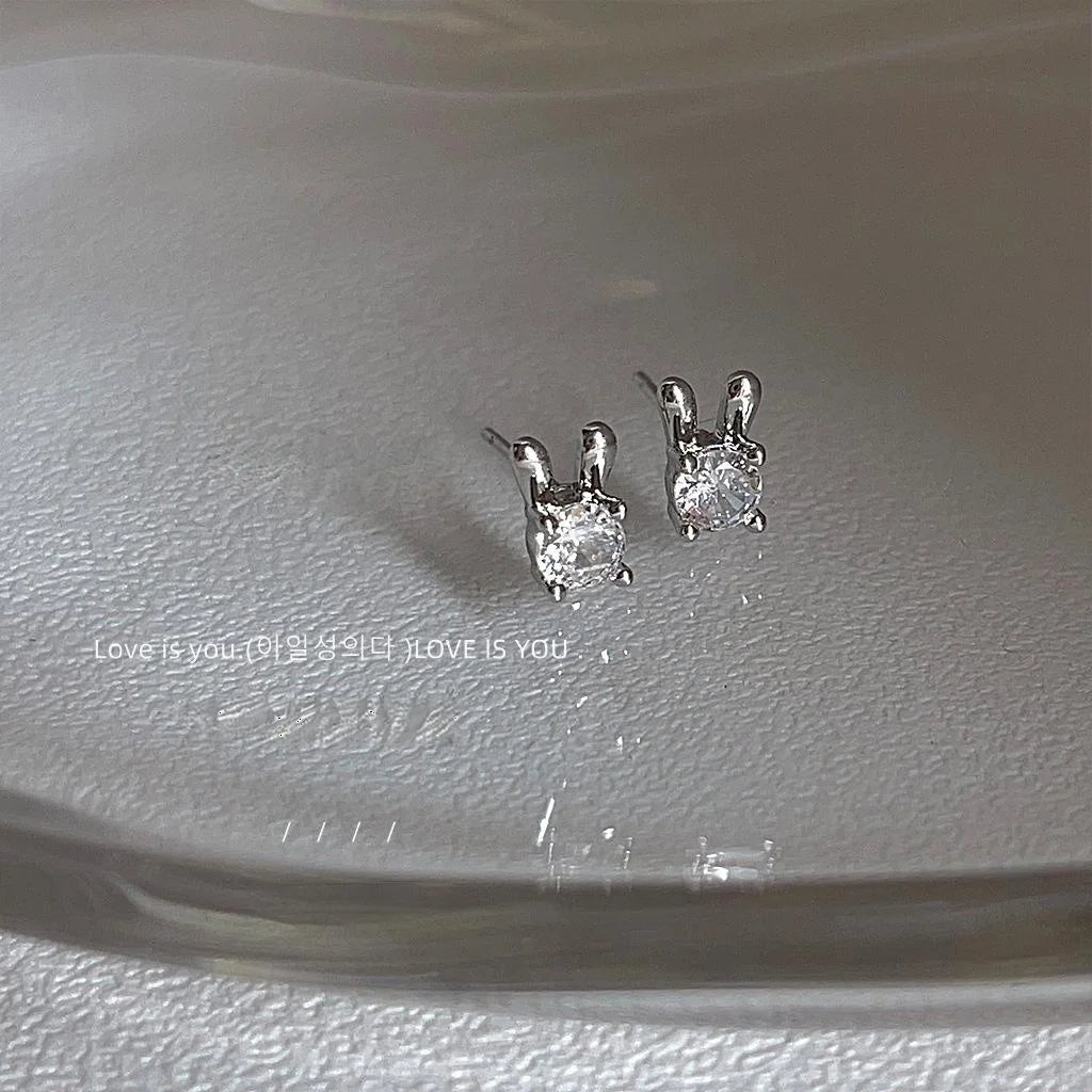 Micro Pave Zircon Mini Rabbit Stud Earrings Silver Tone Copper Minimalist Daily Jewelry