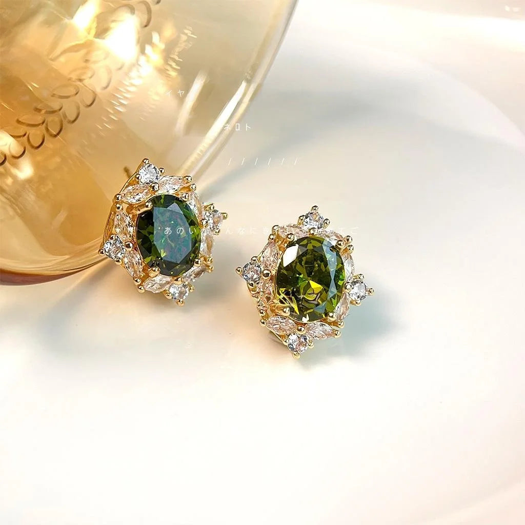14K Gold Plated Copper Oval Green Zircon Stud Earrings French Vintage Minimalist Jewelry