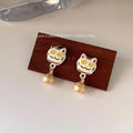 Lucky Cat Copper Stud Earrings With Silver Plated Pins, Enamel New Year Style
