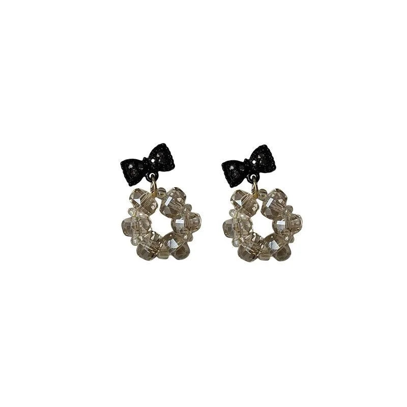 14K Gold Plated Black Crystal Bow Drop Earrings Handmade Korean Light Luxury Style