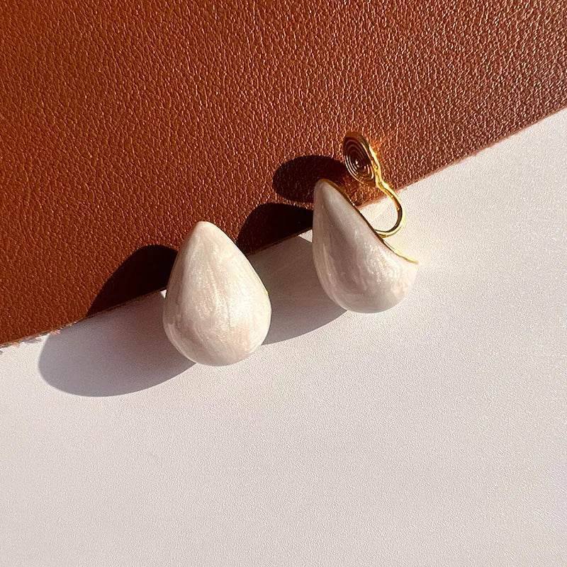 Light Luxury Pearlescent White Teardrop Enamel Stud & Clip On No Piercing Statement Earrings