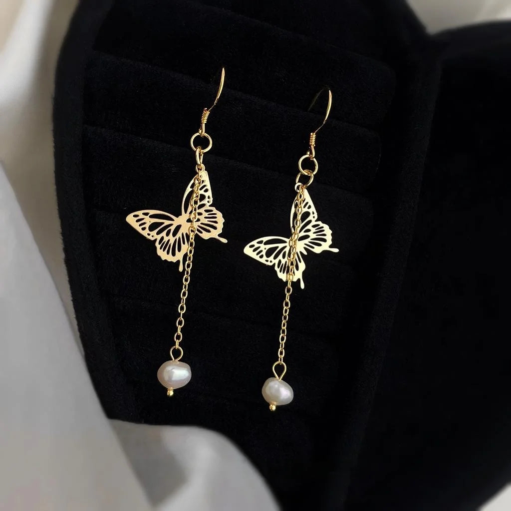 14K Gold Plated Handmade Natural Freshwater Pearl Butterfly Stud Earrings Original Minimalist Design