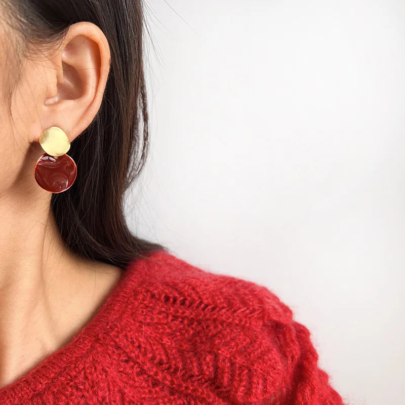 Vintage Contrast Red Enamel Round Disc Alloy Spiral Stud & Clip On No Piercing Drop Earrings