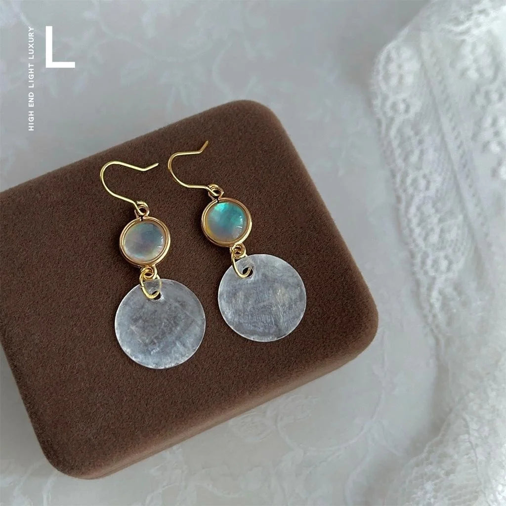 French Vintage Copper And Real Shell Round Geometric Drop Earrings Elegant Handmade Jewelry