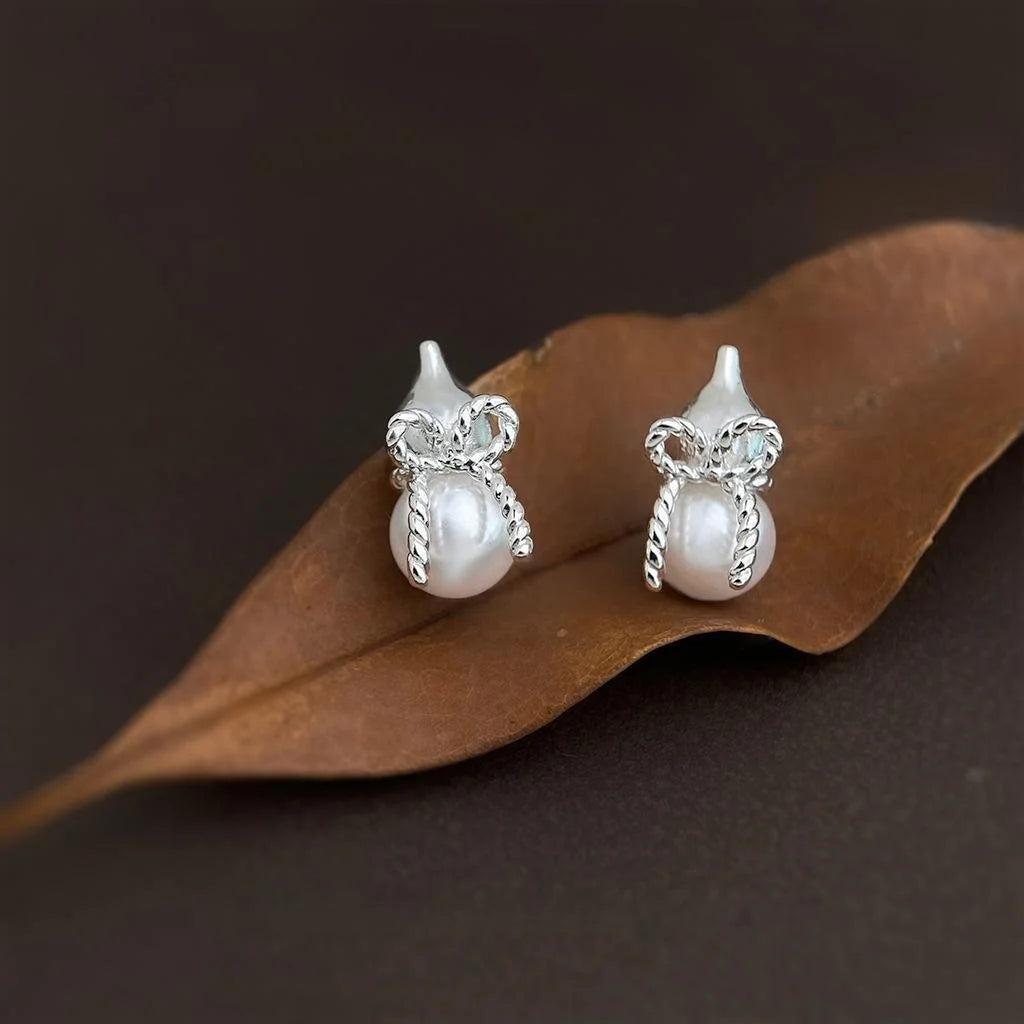 Original Design Copper Gourd Bowknot Stud Earrings Silver Plated Pin Minimalist Commuter Jewelry