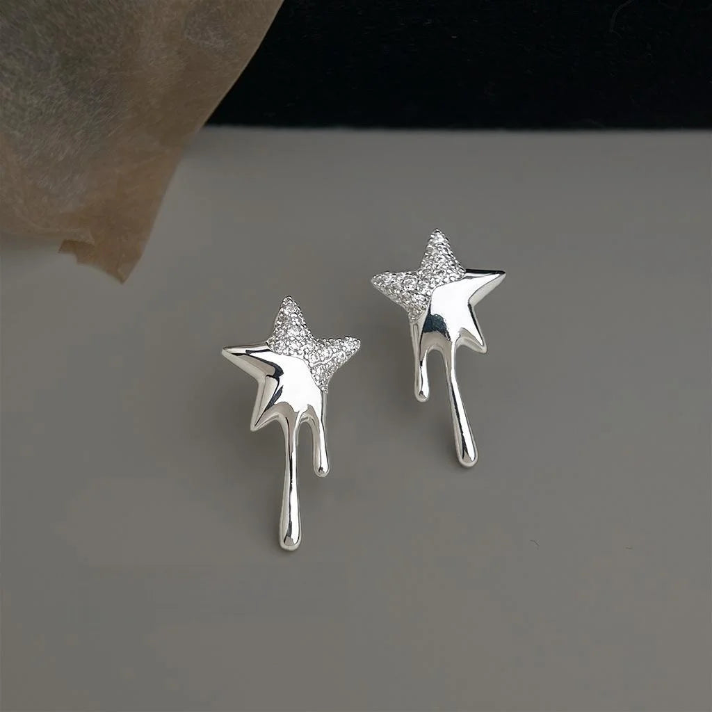 Silver Plated Copper Zircon Five Point Star Stud Earrings Minimalist Sweet Cool Jewelry