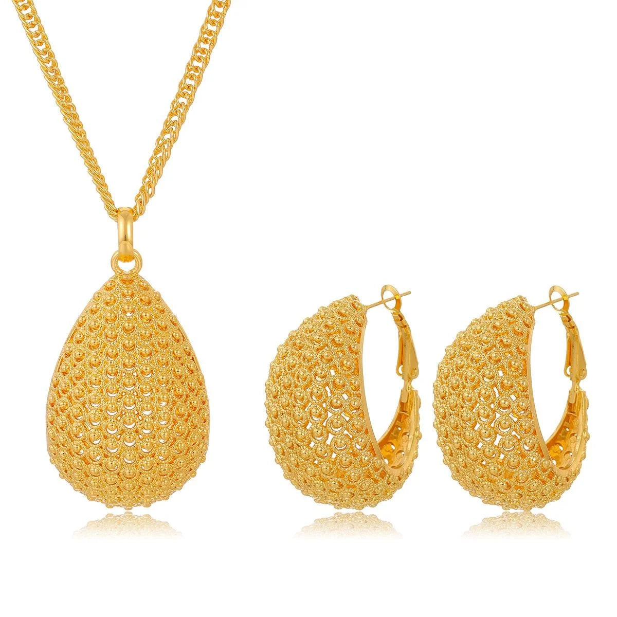Luxury Dubai Gold Plated Alloy Hoop Earrings And Teardrop Pendant Necklace Jewelry Set For Bridal Wedding Party