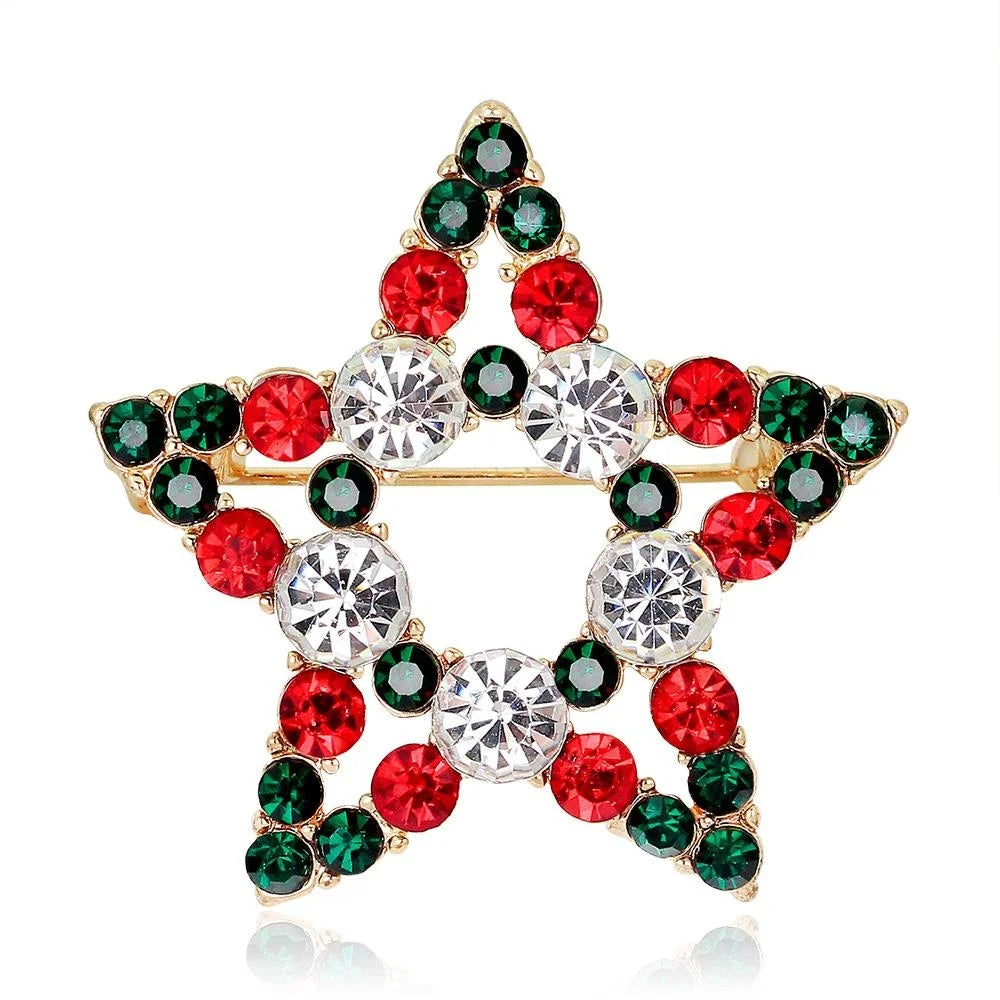 Elegant Christmas Star Rhinestone Alloy Brooch With Red Green Crystals, Festive Lapel Pin Corsage Gift