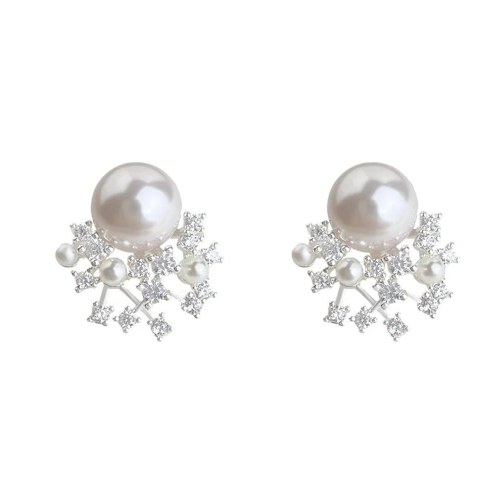 Light Luxury Copper Pearl Flower Geometric Zircon Pave Stud Earrings