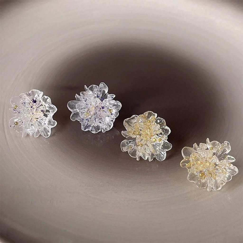 Transparent 3D Resin Flower Stud Earrings With Gold Foil Fresh Spring Summer Jewelry
