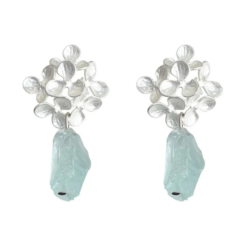 Natural Blue Crystal Flower Copper Drop Earrings Sweet Summer Vacation Jewelry