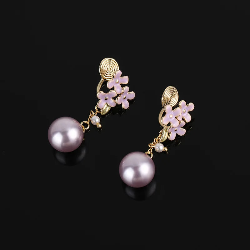 Elegant Purple Enamel Flower Spiral Pearl Drop Alloy Stud & Clip On No Piercing Fashion Earrings