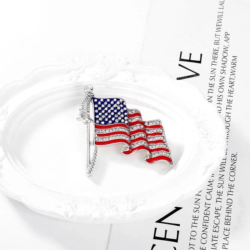 Elegant American Flag Rhinestone Enamel Alloy Brooch, Patriotic Waving Flag Lapel Pin Suit Accessory Gift