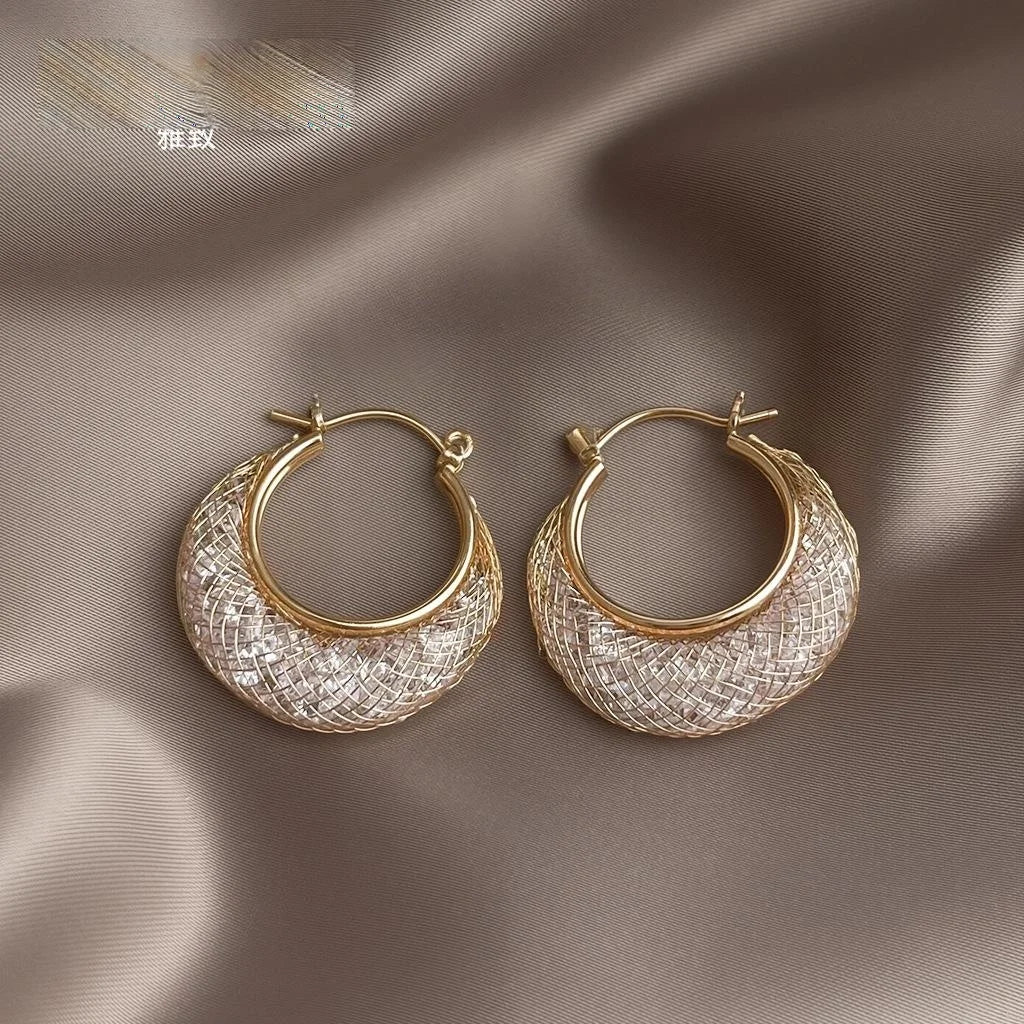 Light Luxury Copper Mesh Zircon Geometric Round Hoop Earrings For Women