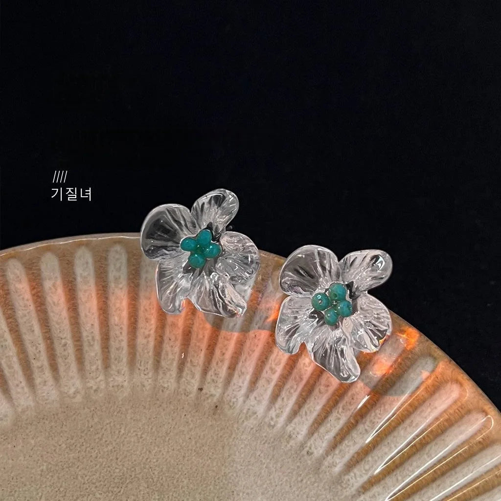 Forest Fresh Transparent Acrylic Flower Silver Plated Pin Handmade Stud Earrings