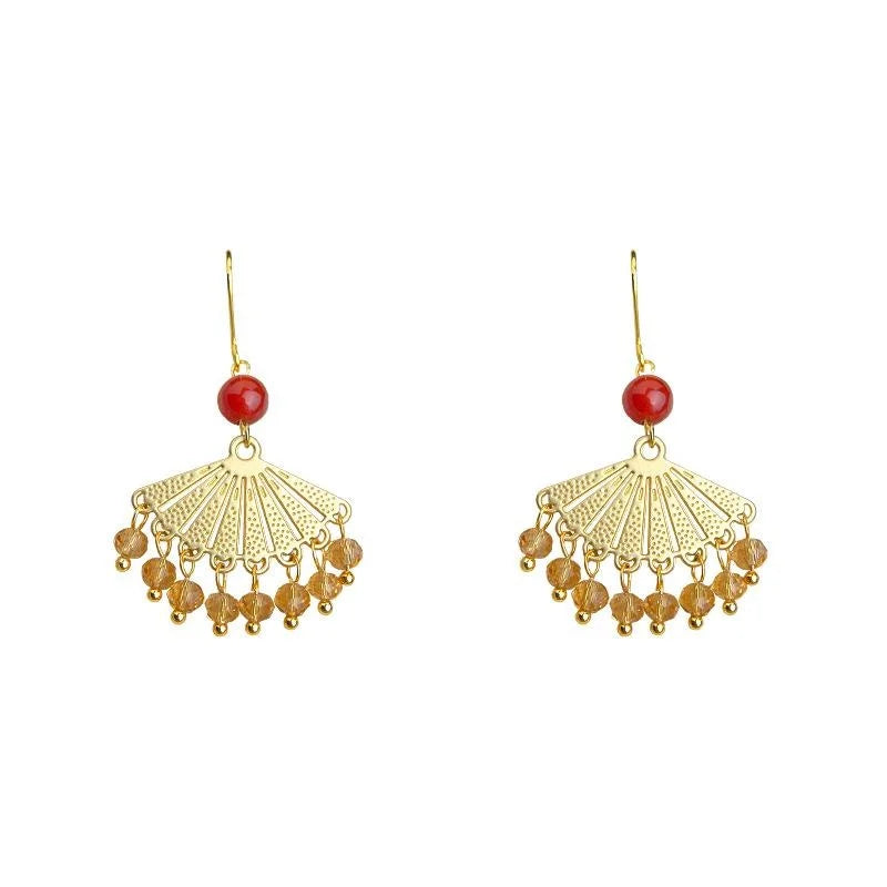Vintage Red Agate Glass Crystal Fan Geometric Handmade Drop Earrings For Women