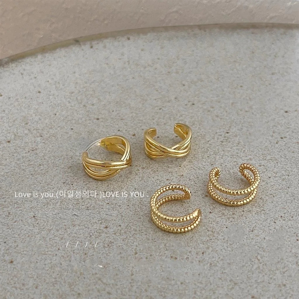 Gold Copper Twisted Double Layer Hollow C Shape Hoop Earrings For Women Chic Ear Cuff Style