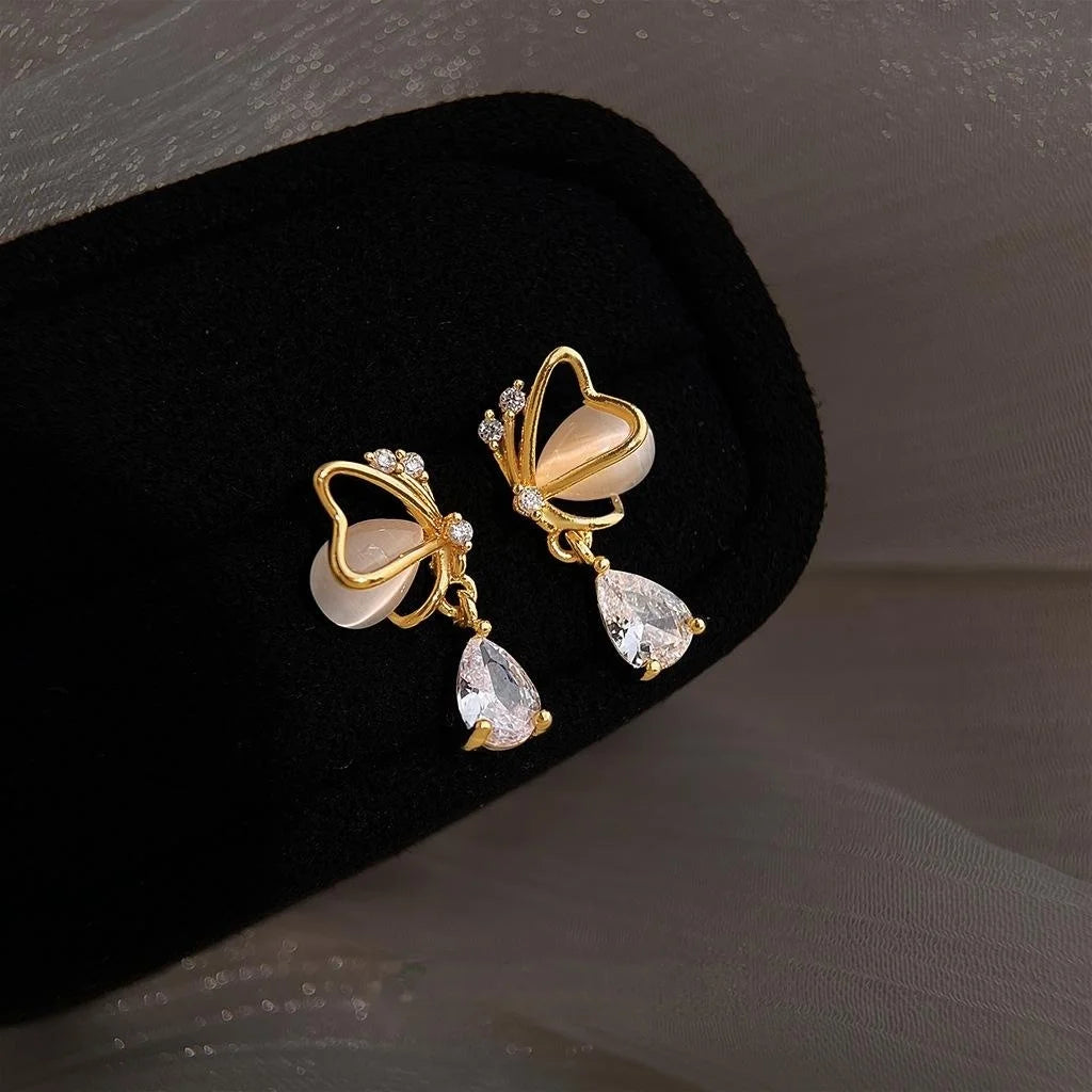 14K Plated Eco Copper Butterfly Zircon Cat Eye Stone Stud Earrings For Women
