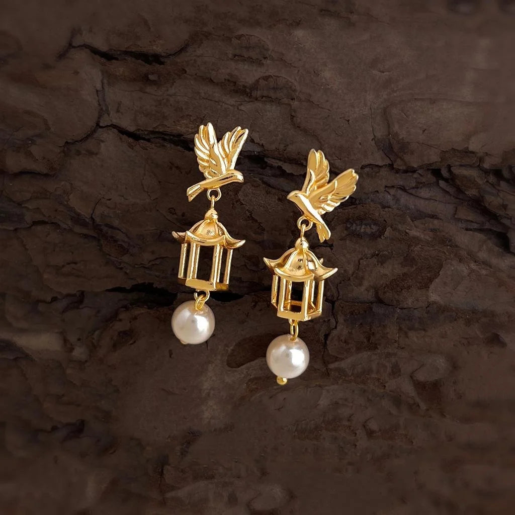 Original Bird Cage Drop Earrings Copper Glass Pearl Court Style Designer Jewelry