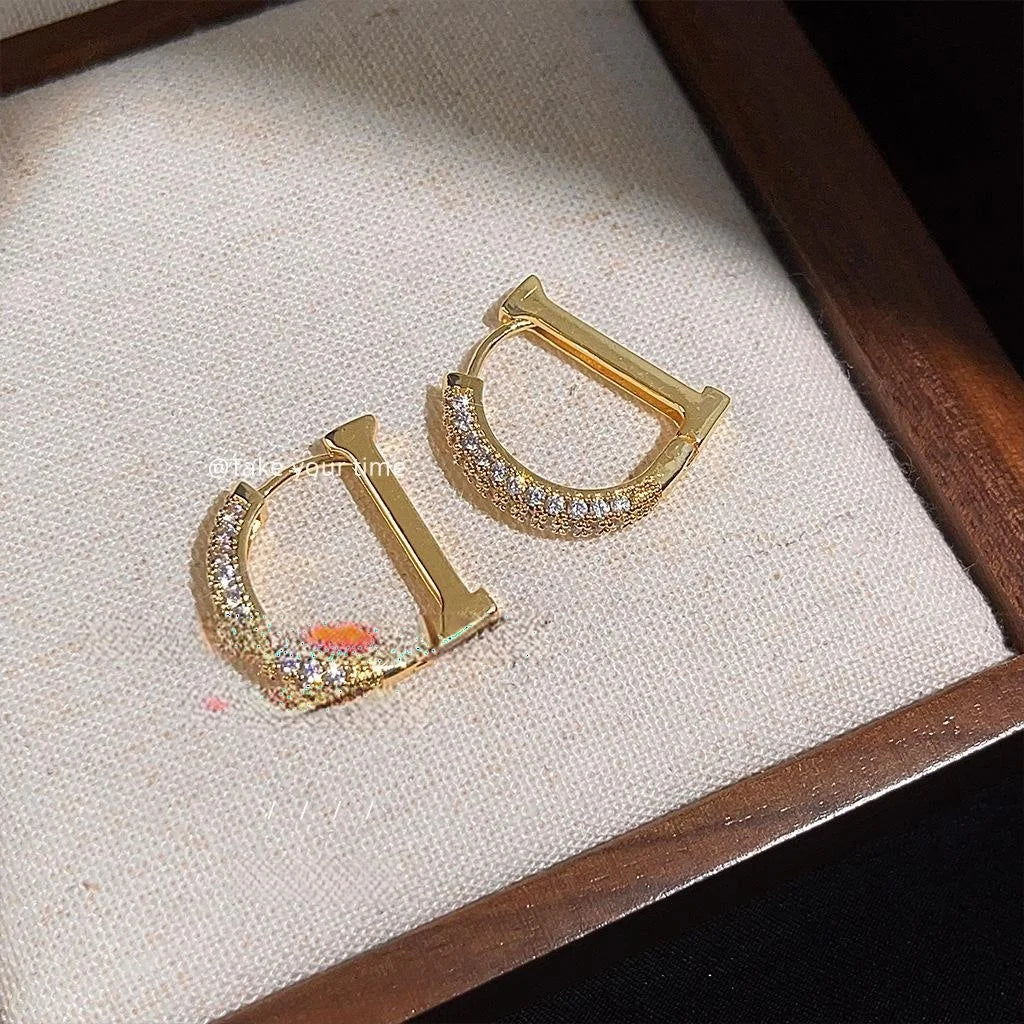 Copper Micro Pave Zircon Letter D Drop Earrings Light Luxury Geometric Semi Circle Jewelry