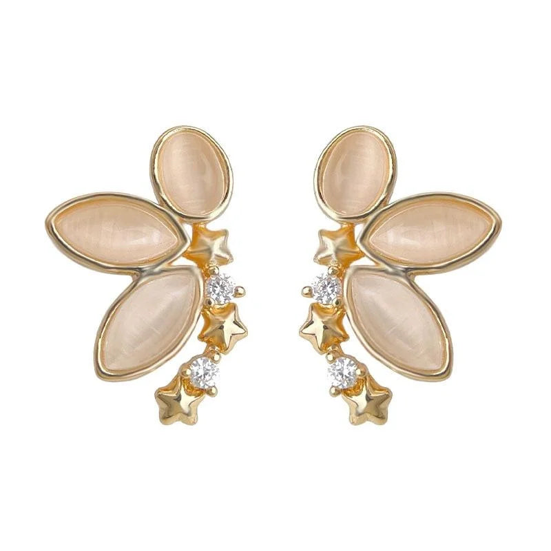 Luxury Floral Petal Stud Earrings With Glass Cat Eye Stone Micro Pave Zircon
