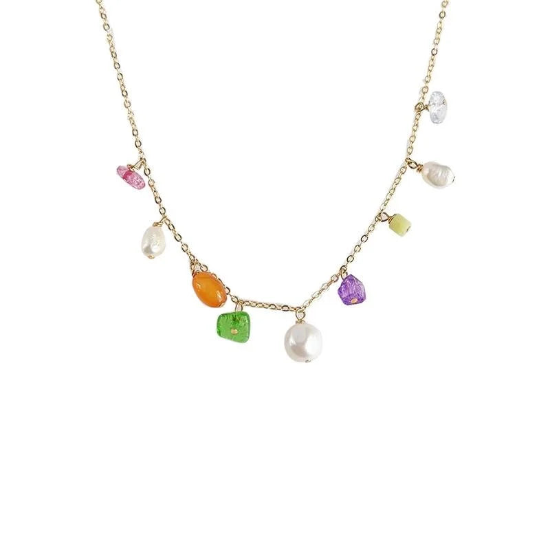 Original Design Handmade Sweet Summer Irregular Stone Chip And Freshwater Pearl Geometric Choker Necklace For Women