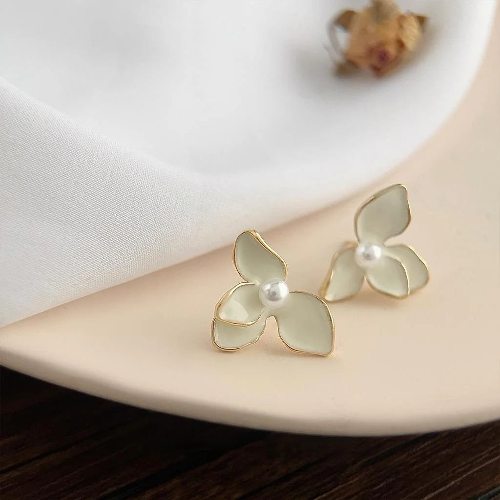 French Vintage Cream White Iris Flower Pearl Copper Stud Earrings With Leaf Design