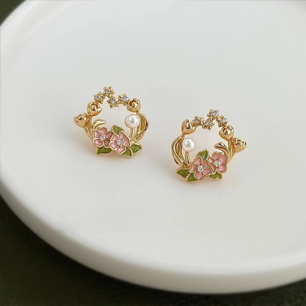 14K Plated Copper Enamel Rose Flower Stud Earrings With Zircon Pearl Chic Floral Jewelry