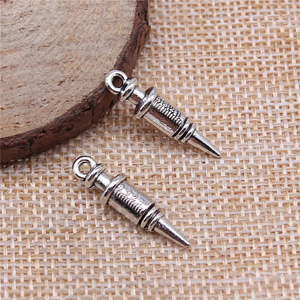 7x25mm 2g Antique Silver Zinc Alloy 3D Syringe Charm Pendant for Medical Theme Jewelry Making